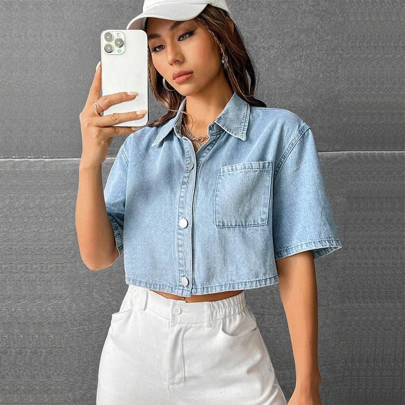 Fashion Thin Denim Waistcoat Shirt - Light Blue Short Sleeve for Commuting - Buy Center US