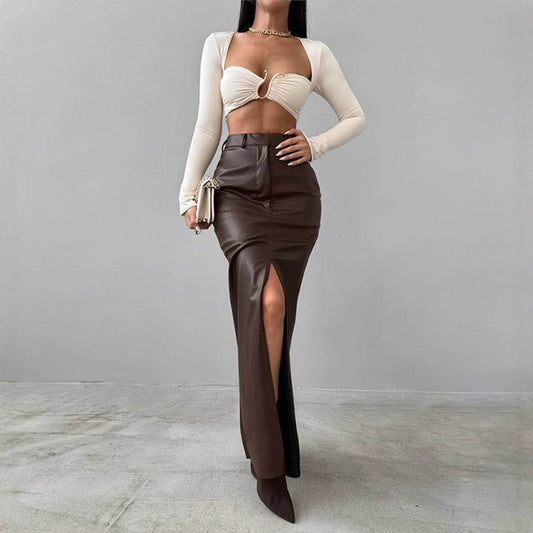 Solid Color High Waist Leather Skirt - Stylish PU Street Fashion - Buy Center US