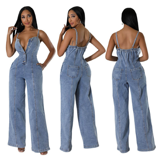 Women's Light Blue Denim Jumpsuit - Fashion Suspenders & Sleeveless Style - Buy Center US