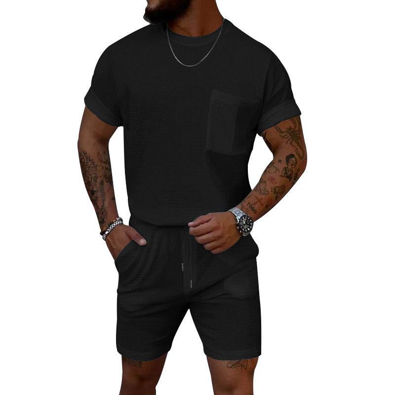 Buycenter Casual Sports Suit - Waffle Round Neck, Short Sleeve & Shorts - Buy Center US