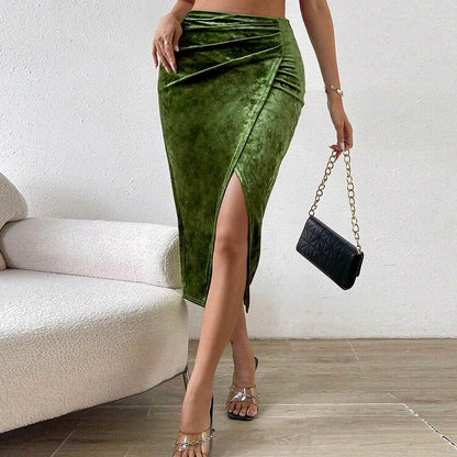 Elegant Army Green Velvet Skirt - Women's Sexy Split Design - Buy Center US