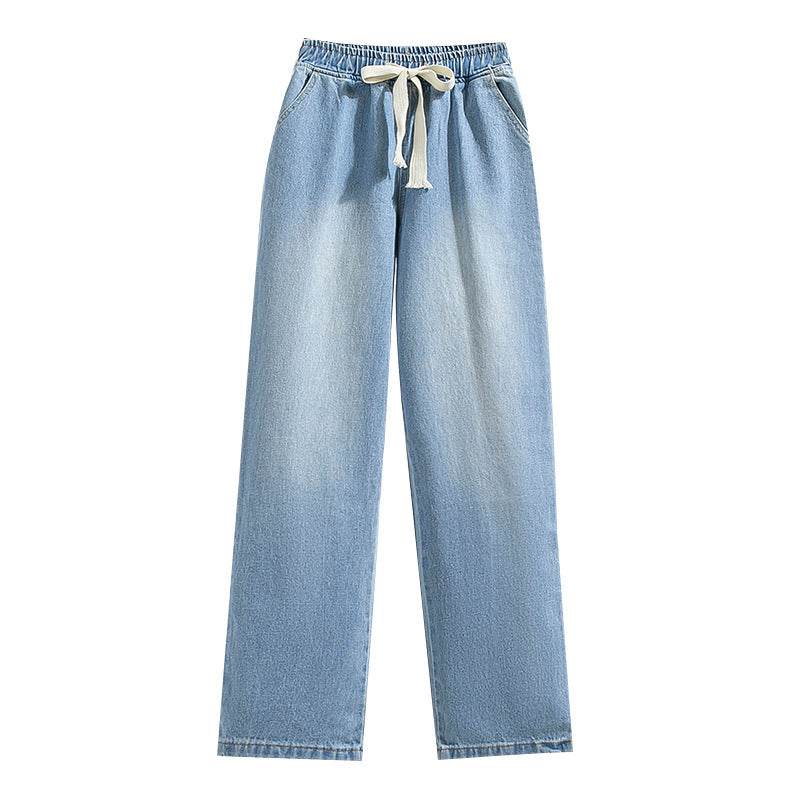 Light Blue Tapered Mid-Rise Jeans - Loose Fit, Flannel Fabric - Buy Center US