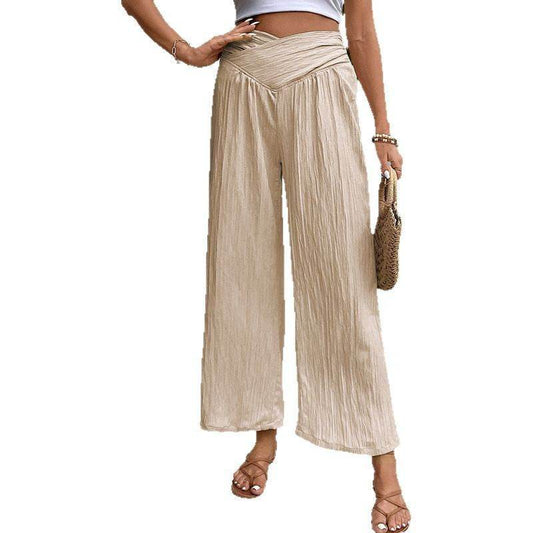 Women's High Waist Cropped Wide-Leg Pants - Apricot, Stylish Commute Wear - Buy Center US