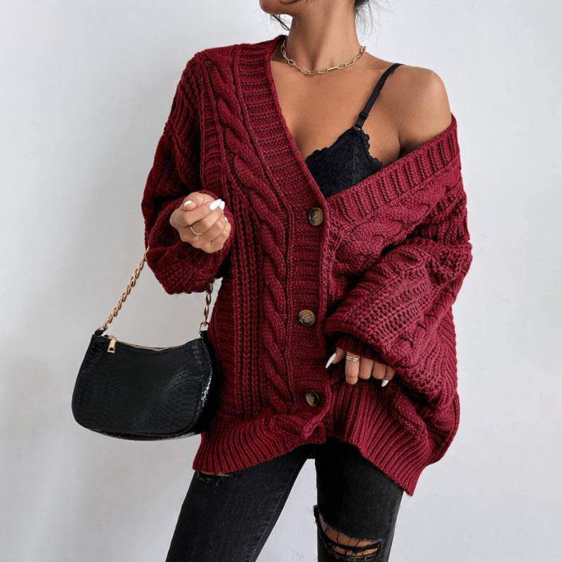 Women's V-Neck Retro Knitted Sweater - Loose Fit, Lantern Sleeves - Buy Center US