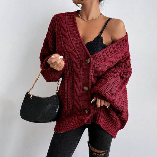 Women's V-Neck Retro Knitted Sweater - Loose Fit, Lantern Sleeves - Buy Center US
