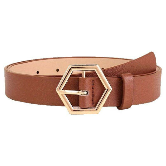 Stylish Women's Gold Buckle PU Belt - Hexangular Star Design, Versatile Fit - Buy Center US