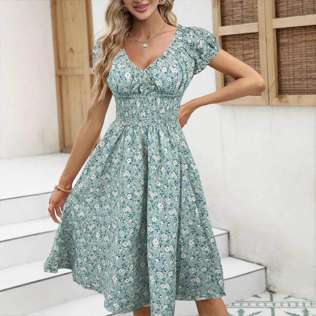Vintage Floral Puff Sleeve Dress - Elegant A-Line Style in Khaki, Pink, Emerald - Buy Center US