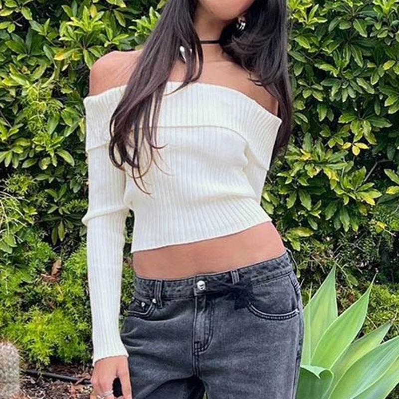 Short Knitwear Pullover Sweater - Off-the-Shoulder Design in White - Buy Center US