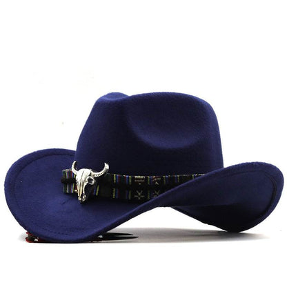 Western Denim Horn Woolen Hat - Embroidered Style for All Seasons - Buy Center US