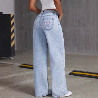 Vintage Bow Embroidered Jeans for Women - Washed Straight Loose Trousers - Buy Center US