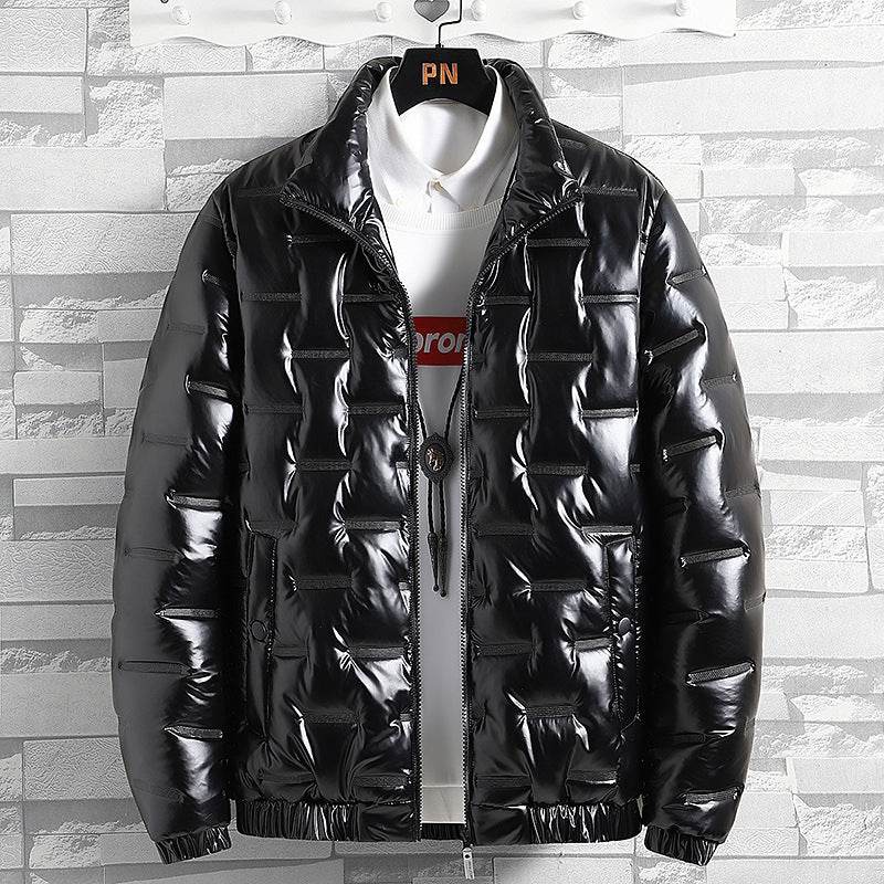 Buycenter Men's Glossy Solid Color Jacket - Stand-up Collar & Winter Warmth - Buy Center US