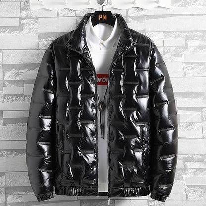 Buycenter Men's Glossy Solid Color Jacket - Stand-up Collar & Winter Warmth - Buy Center US