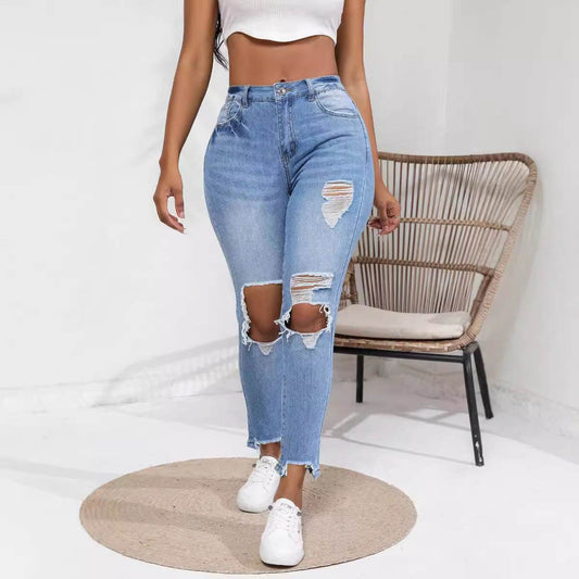 High Waist Retro Denim Skinny Pants for Women - Water Washed & Stretch - Buy Center US