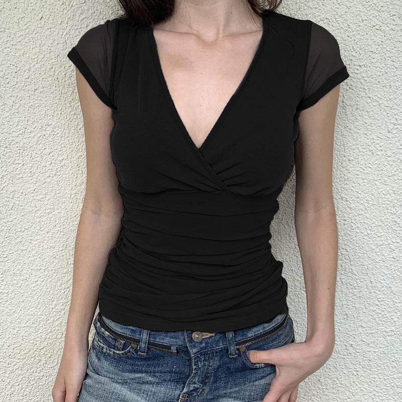 Deep V Design Short Sleeve Pleated Top - Slim Fit Black Mesh Stitching - Buy Center US