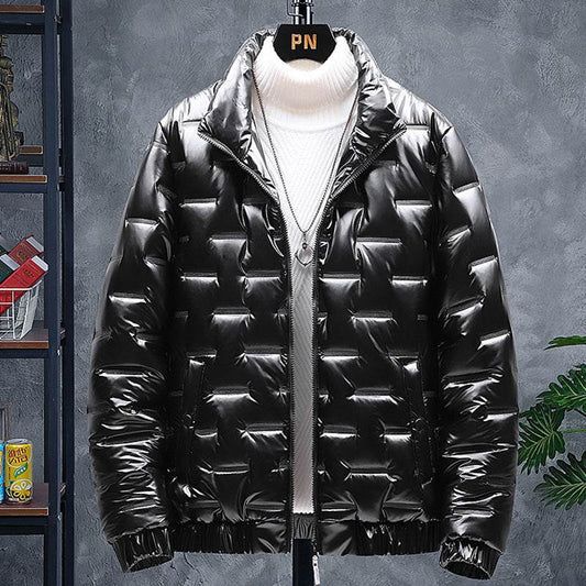 Buycenter Men's Glossy Solid Color Jacket - Stand-up Collar & Winter Warmth - Buy Center US