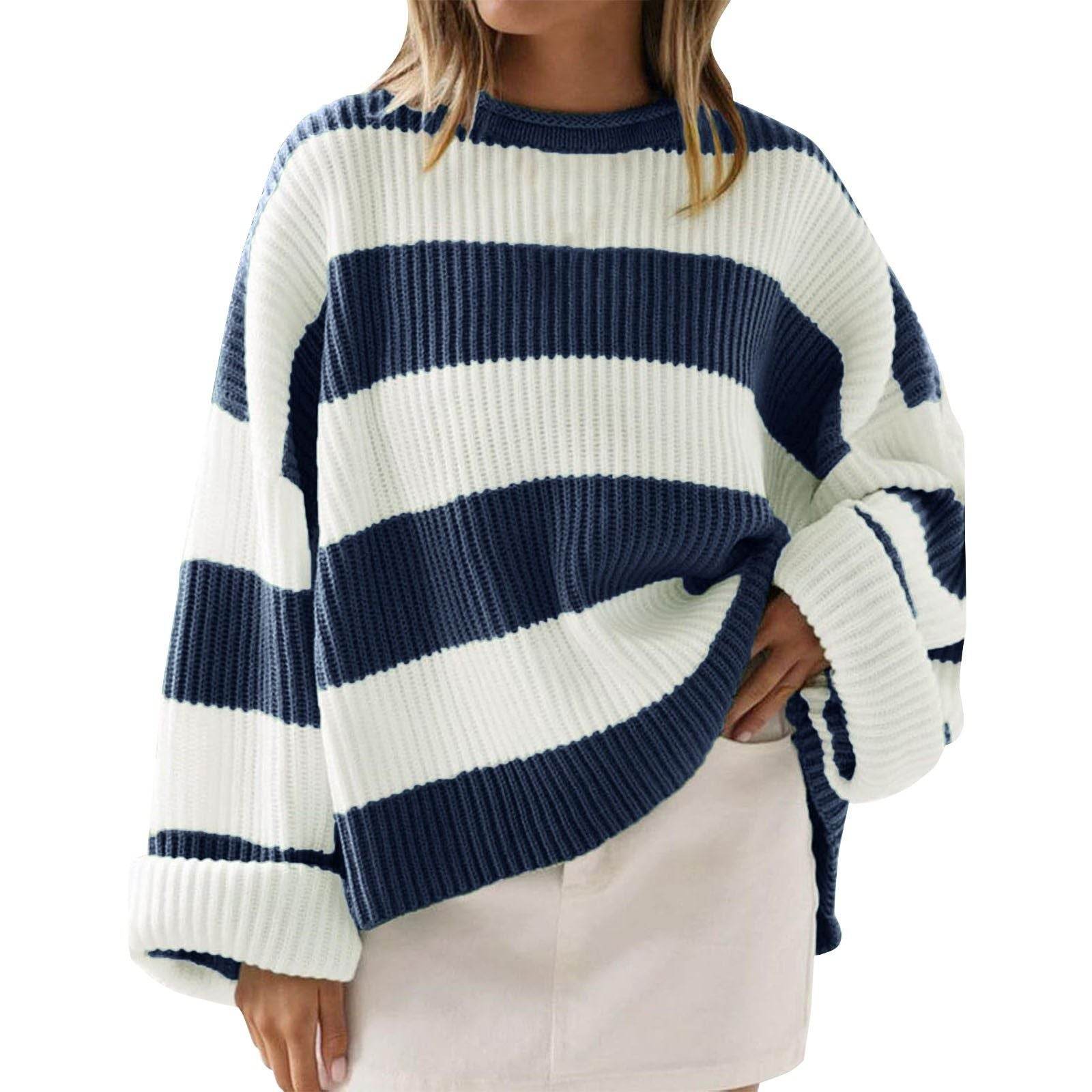 Stylish Women's Round Neck Striped Sweater - Long Sleeve Casual Top - Buy Center US