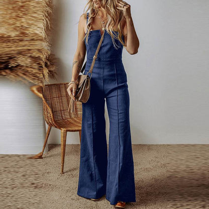 Women's High Waist Flared Denim Jumpsuit - Sleek Solid Color Design - Buy Center US