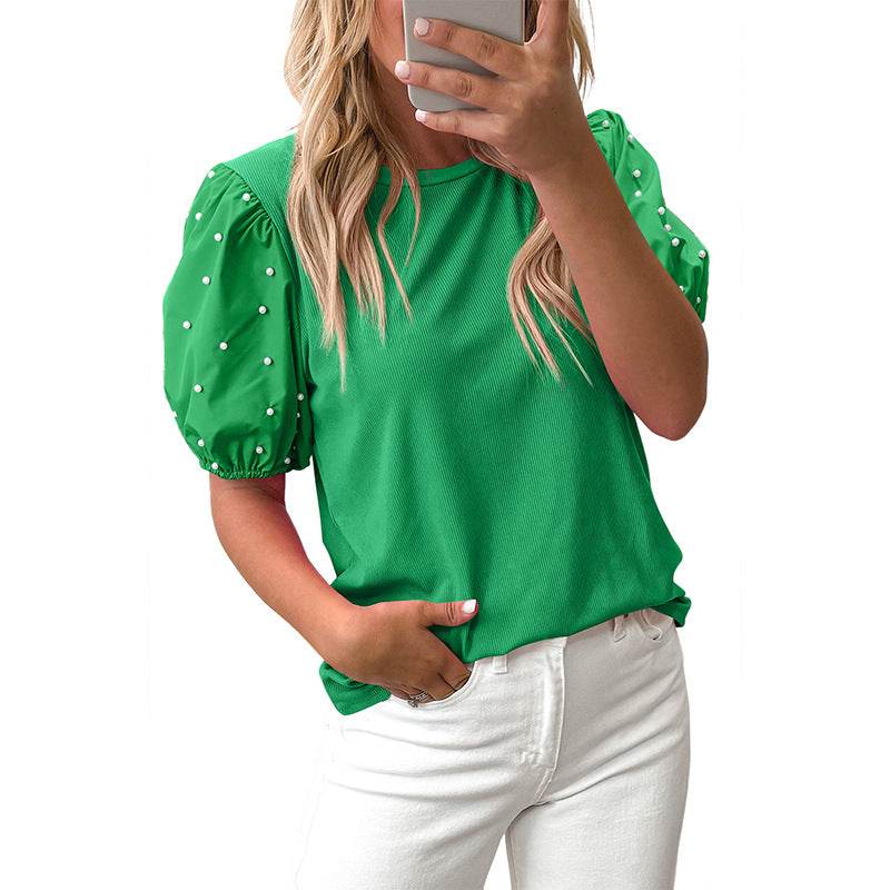 Solid Color Round Neck Pullover for Women - Casual Beaded Style - Buy Center US