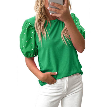 Solid Color Round Neck Pullover for Women - Casual Beaded Style - Buy Center US
