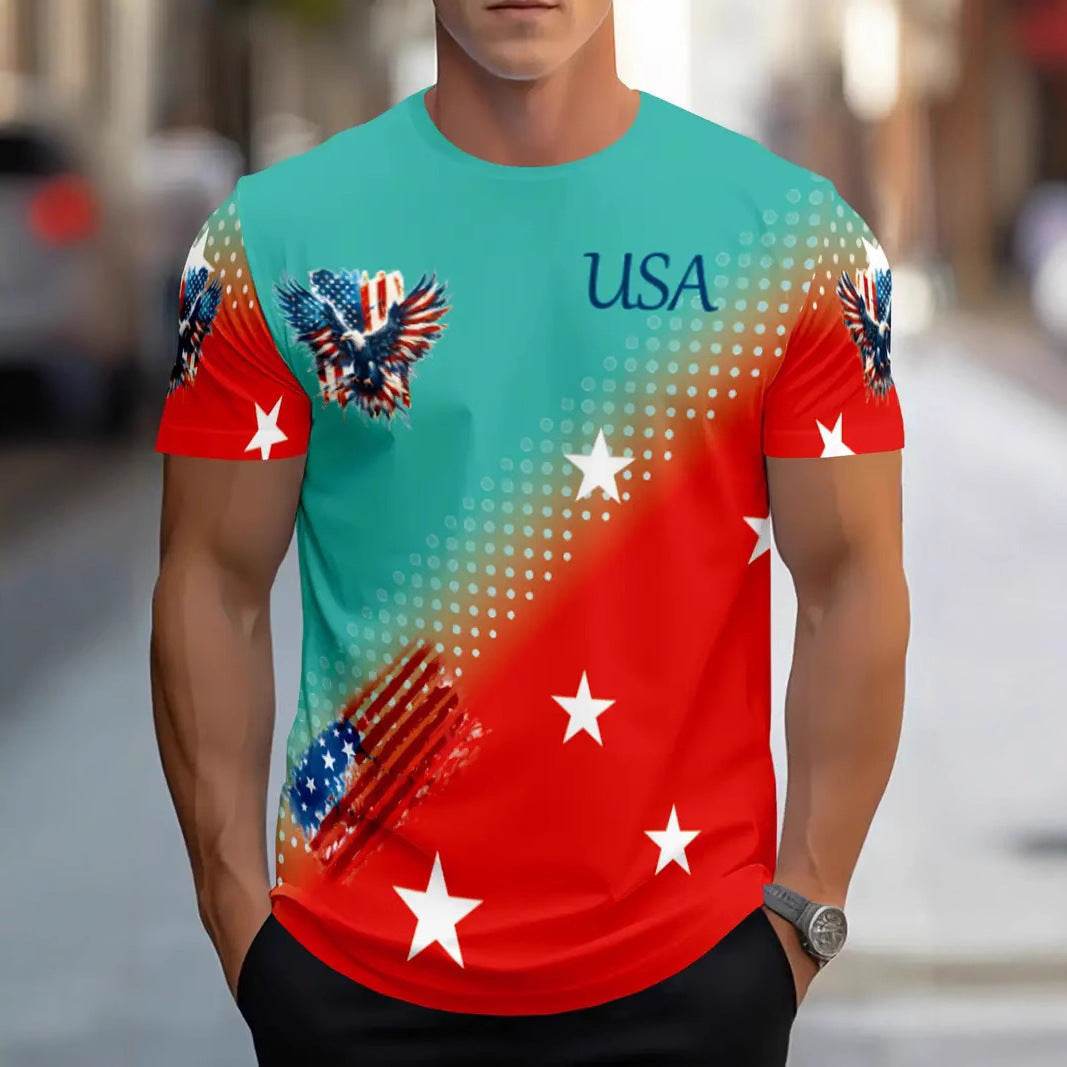 Men's Summer Color Contrast Round Neck T-Shirt - Short Sleeve Polyester - Buy Center US