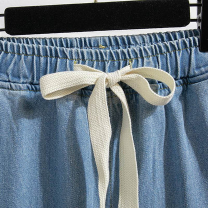 Light Blue Tapered Mid-Rise Jeans - Loose Fit, Flannel Fabric - Buy Center US