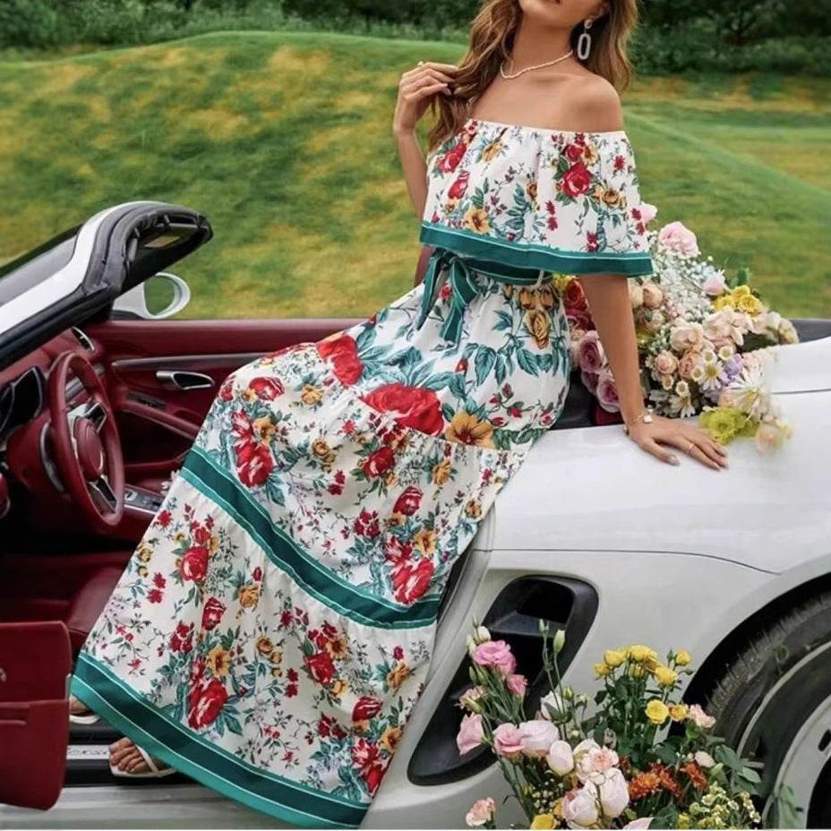 Off-Shoulder A-Line Summer Dress - Floral Print, Mid Waist Style - Buy Center US