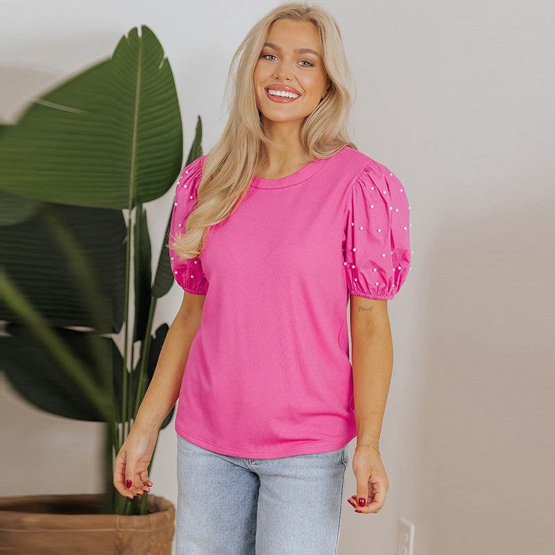 Solid Color Round Neck Pullover for Women - Casual Beaded Style - Buy Center US