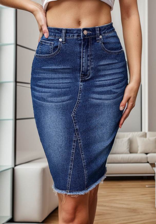Casual High Waist Slimming Denim Skirt - Stretchy Slim Fit with Slit - Buy Center US