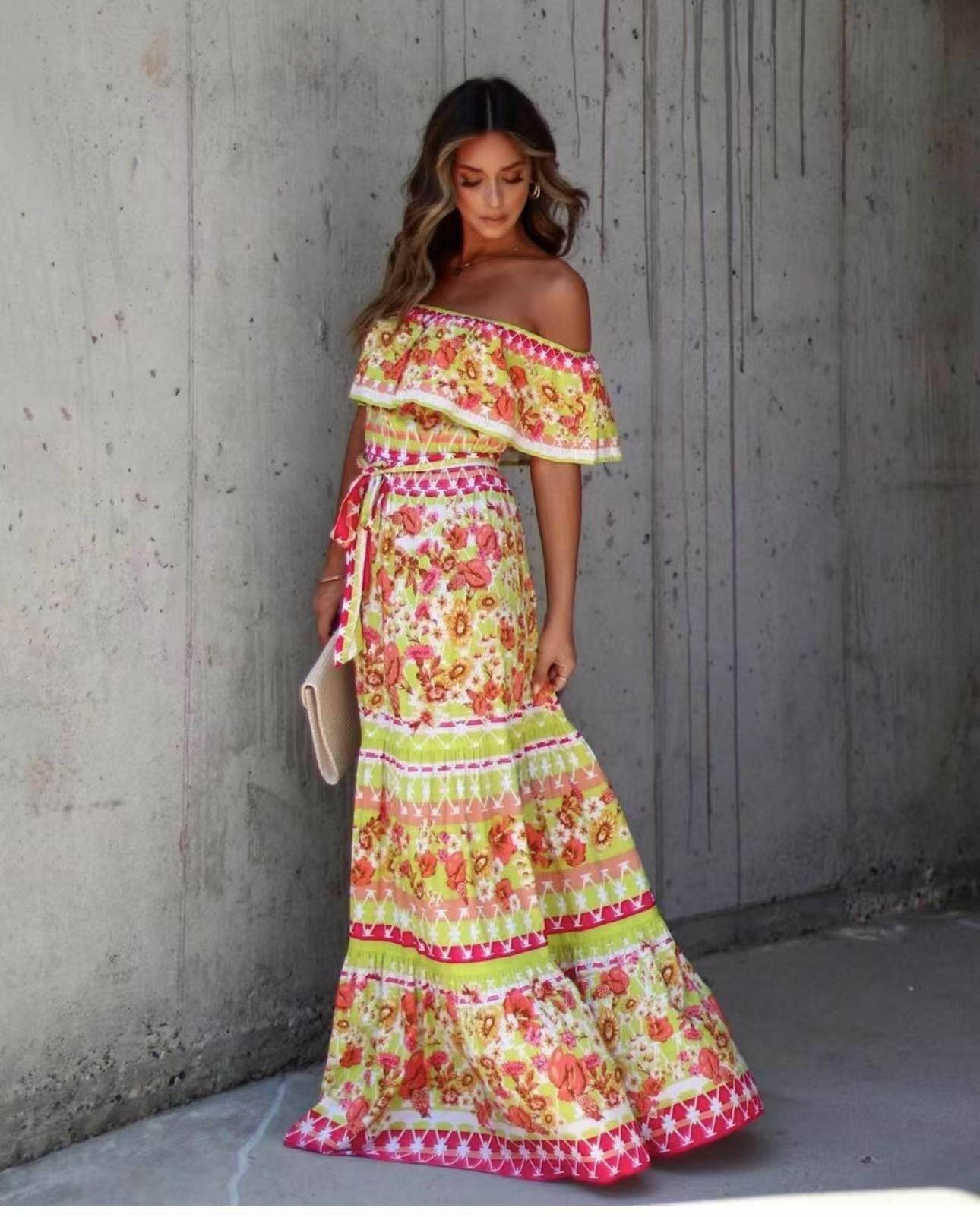 Off-Shoulder A-Line Summer Dress - Floral Print, Mid Waist Style - Buy Center US