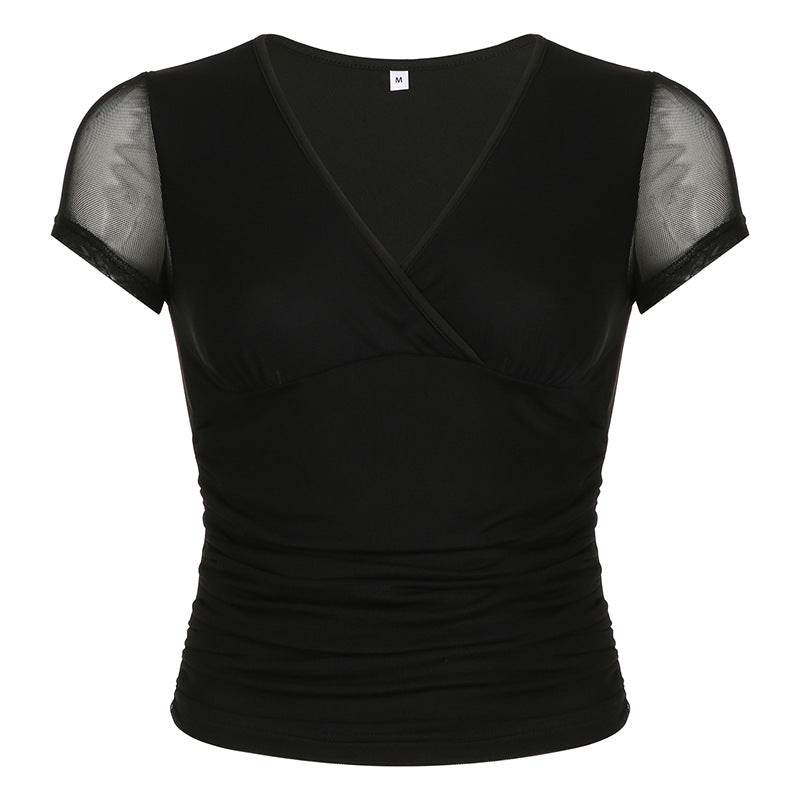 Deep V Design Short Sleeve Pleated Top - Slim Fit Black Mesh Stitching - Buy Center US