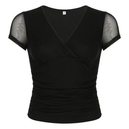 Deep V Design Short Sleeve Pleated Top - Slim Fit Black Mesh Stitching - Buy Center US