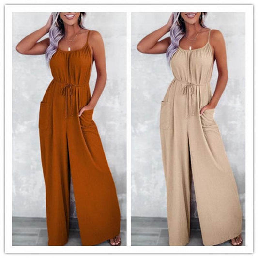 Women's Loose Suspender Jumpsuit with Pockets - High Waist, Long Sleeve - Buy Center US