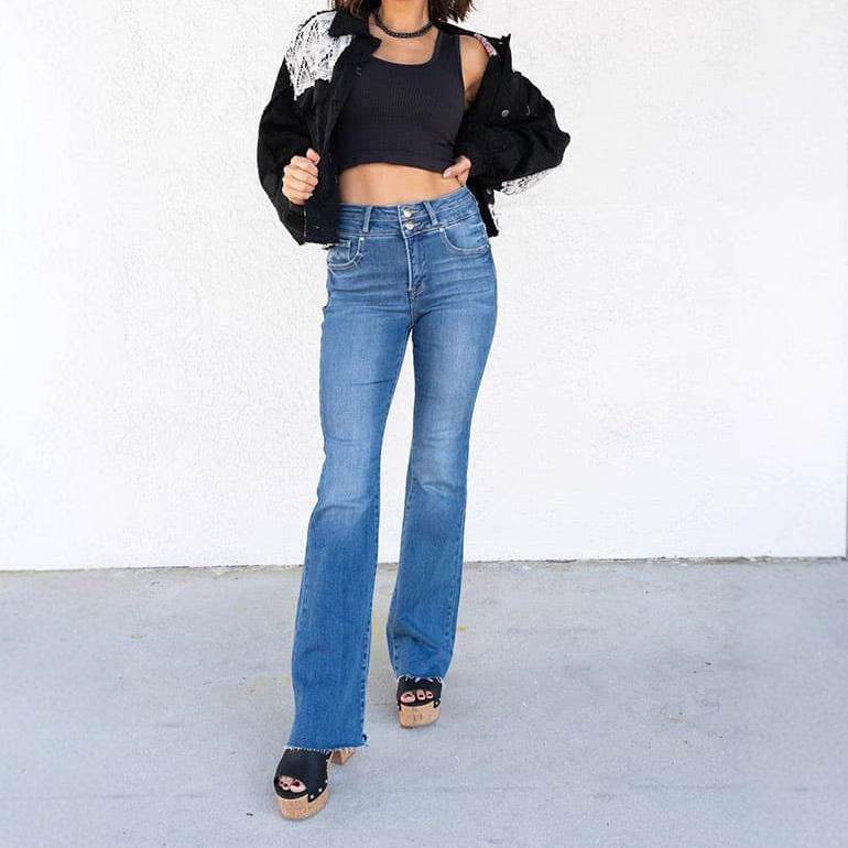 Women's High Waist Straight Double Button Jeans - Medium Blue, Black, Dark Blue - Buy Center US