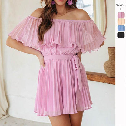 Solid Color Pleated Short-Sleeved Jumpsuit - Elegant Casual Style - Buy Center US