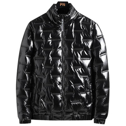 Buycenter Men's Glossy Solid Color Jacket - Stand-up Collar & Winter Warmth - Buy Center US