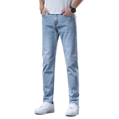 Men's Light Blue Stretch Slim-Fit Trousers - Mid Waist Straight Leg - Buy Center US