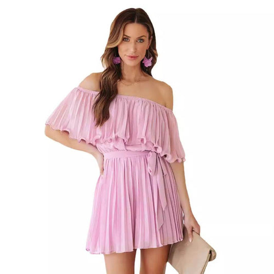 Solid Color Pleated Short-Sleeved Jumpsuit - Elegant Casual Style - Buy Center US
