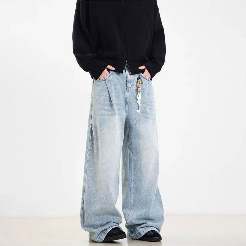 Retro Washed Blue Jeans for Men and Women - Mid Waist, Straight Fit - Buy Center US