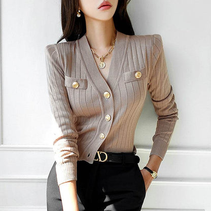Slim-fit V-neck Knitted Cardigan - Casual Style in Khaki, Black, White - Buy Center US