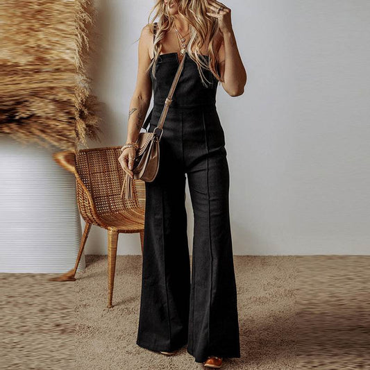 Women's High Waist Flared Denim Jumpsuit - Sleek Solid Color Design - Buy Center US