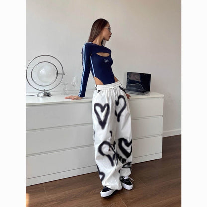 Hip Hop Heart Wide Leg Pants - Elastic Waist Drawstring for Women - Buy Center US
