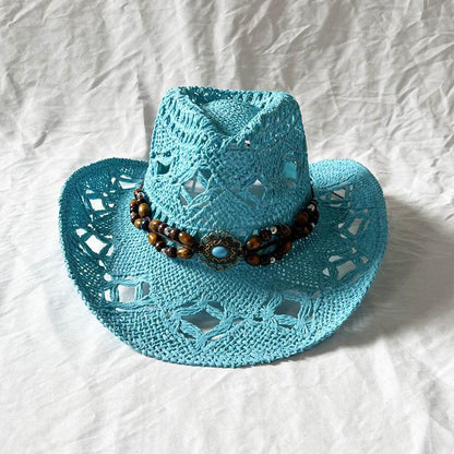 Handmade Gem Aster Straw Hat - Summer Sun Protection, Conical Crown - Buy Center US