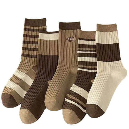 Cute Brown Striped Couple Socks - Autumn/Winter Middle Calf Style - Buy Center US