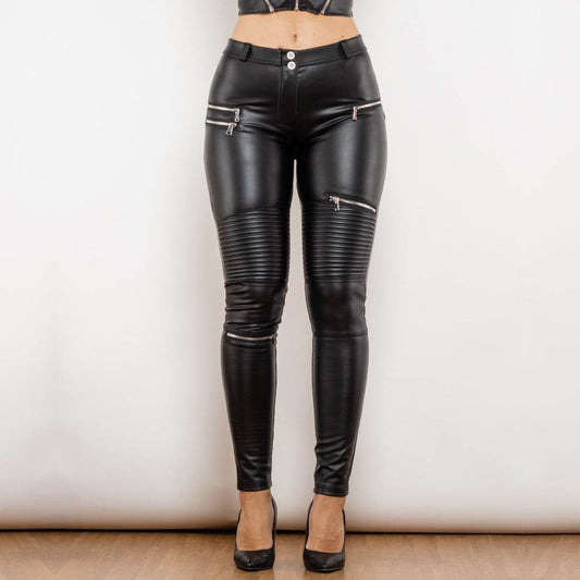 Peach Matt Black Smocking Leather Pants - High Elasticity Hip Lifting Trousers - Buy Center US