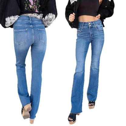 Women's High Waist Straight Double Button Jeans - Medium Blue, Black, Dark Blue - Buy Center US
