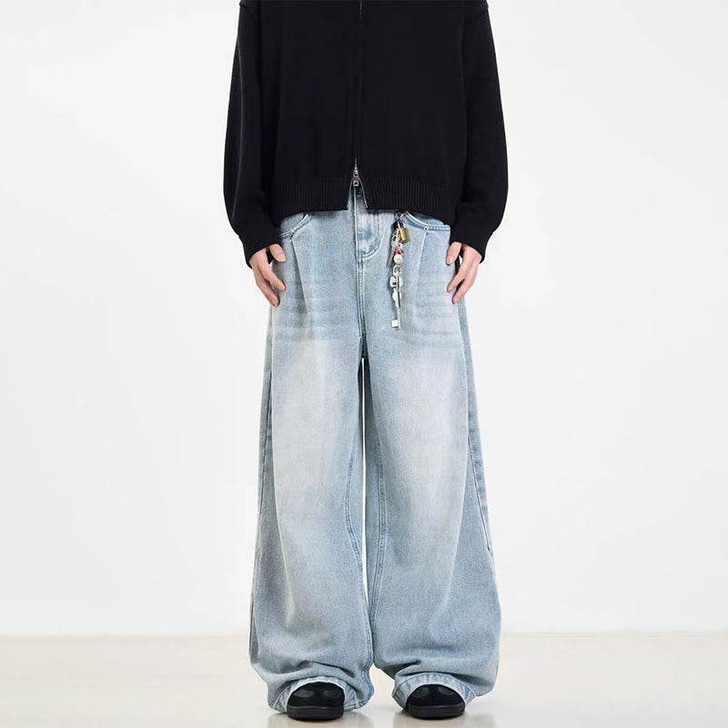 Retro Washed Blue Jeans for Men and Women - Mid Waist, Straight Fit - Buy Center US