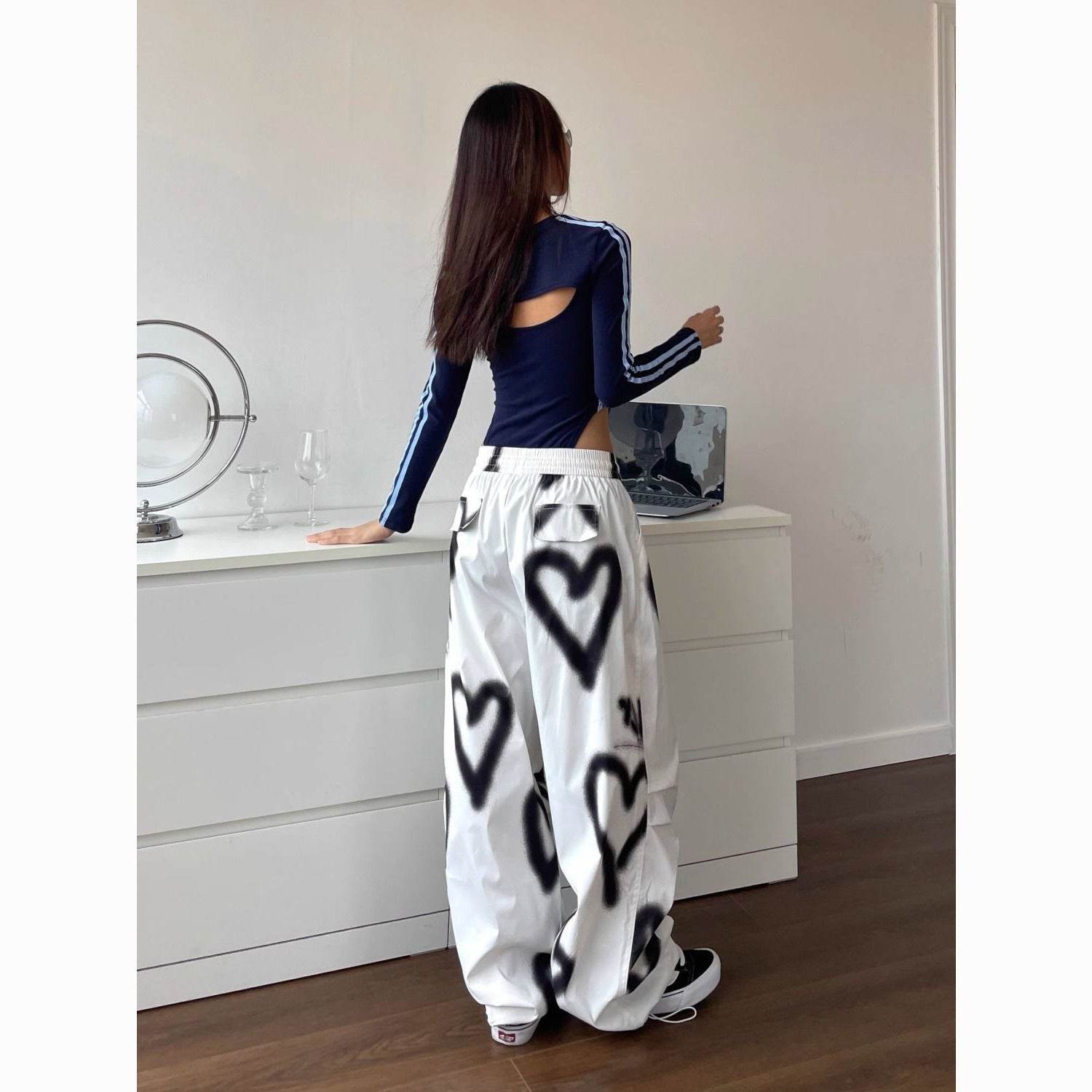 Hip Hop Heart Wide Leg Pants - Elastic Waist Drawstring for Women - Buy Center US
