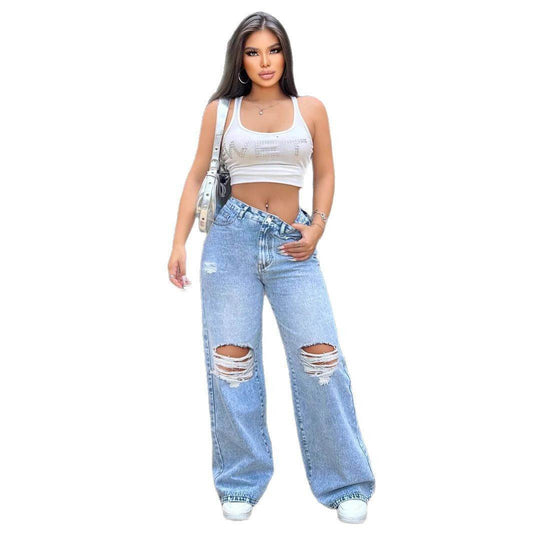 Light Blue Ripped Washed Jeans - Women's Loose Straight Wide Leg - Buy Center US