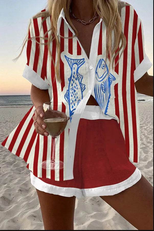 Women's Summer Print 2-Piece Beach Set - Casual Short Sleeve Top - Buy Center US