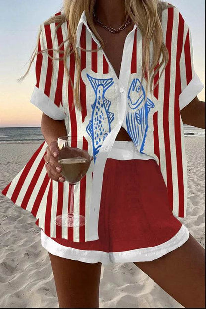 Women's Summer Print 2-Piece Beach Set - Casual Short Sleeve Top - Buy Center US